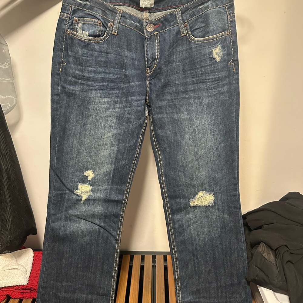 Aeropostale Women's Distressed Dark Blue Straight Leg Jeans